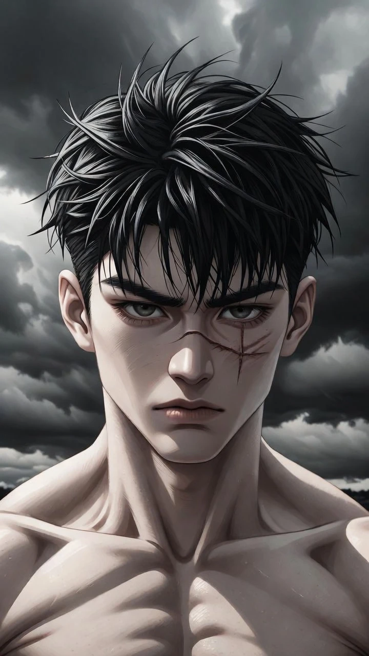 Herói de manhwa musculoso sob um céu tempestuoso dramático