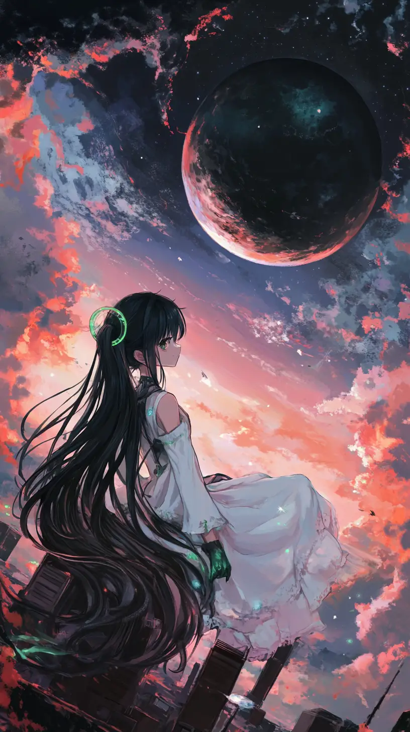 Anime-Mädchen in Grün vor alter roter Backsteinburg