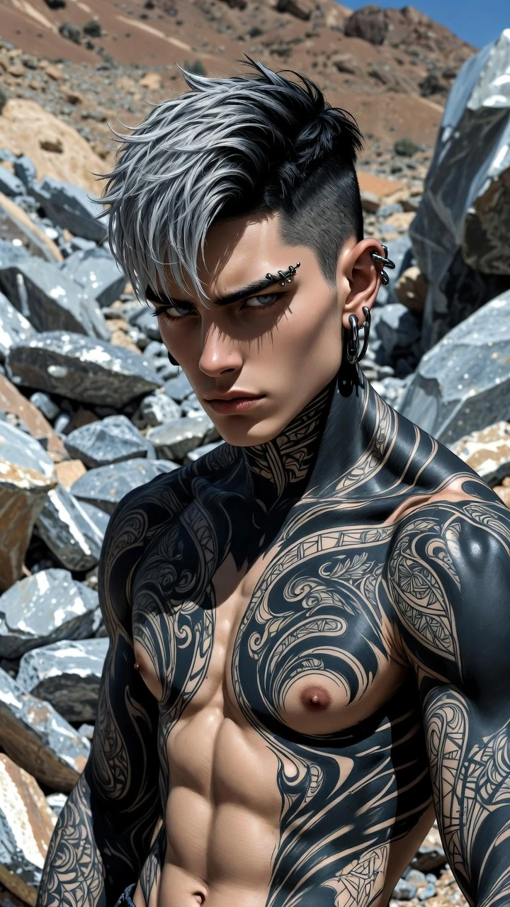 Homme musclé tatoué dans un paysage rocheux sous une lumière dure