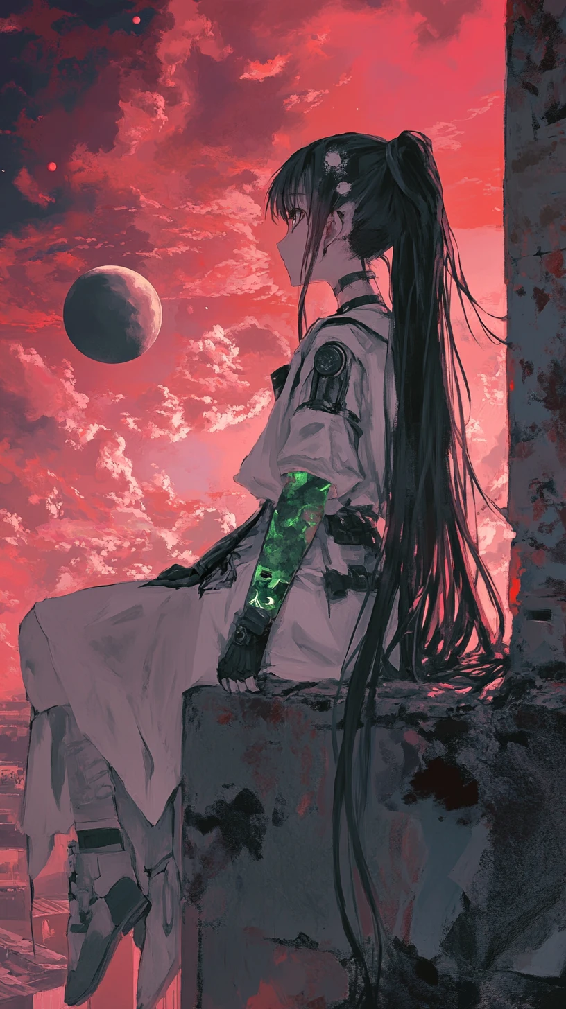 Ragazza anime con abito verde sul muro di un castello al tramonto