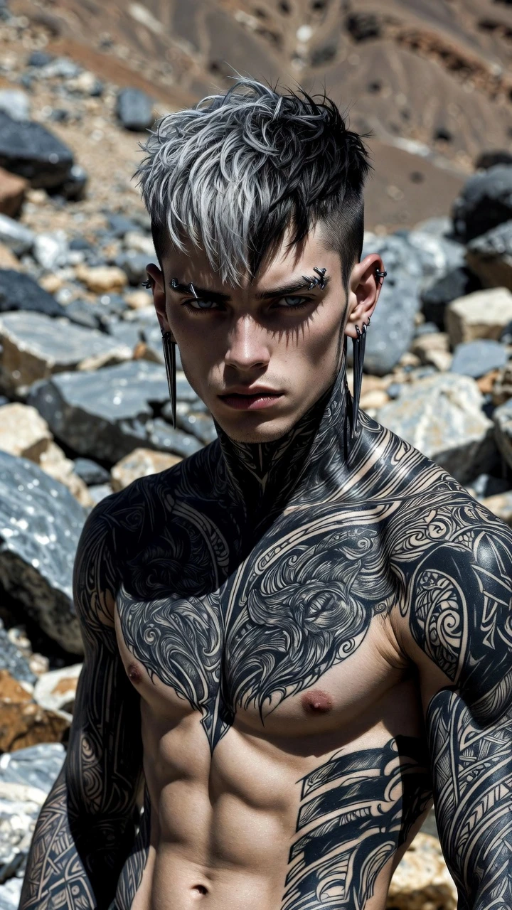 Homem musculoso tatuado em paisagem rochosa sob luz intensa