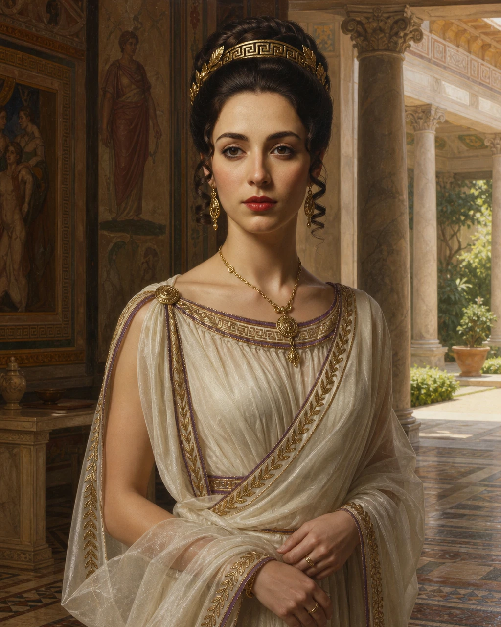 Mulher elegante em um átrio de vila romana antiga