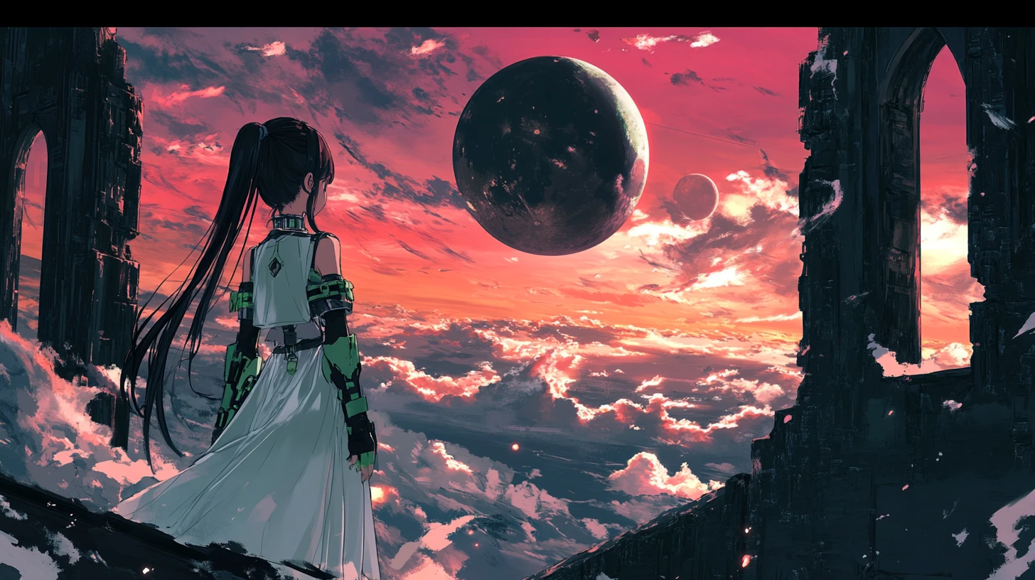 Garota de anime de verde no muro do castelo ao pôr do sol