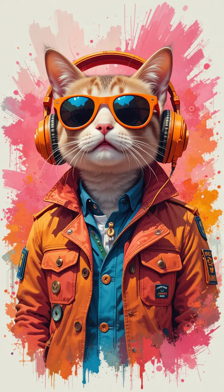 Cool cat with orange headphones in colorful abstract background