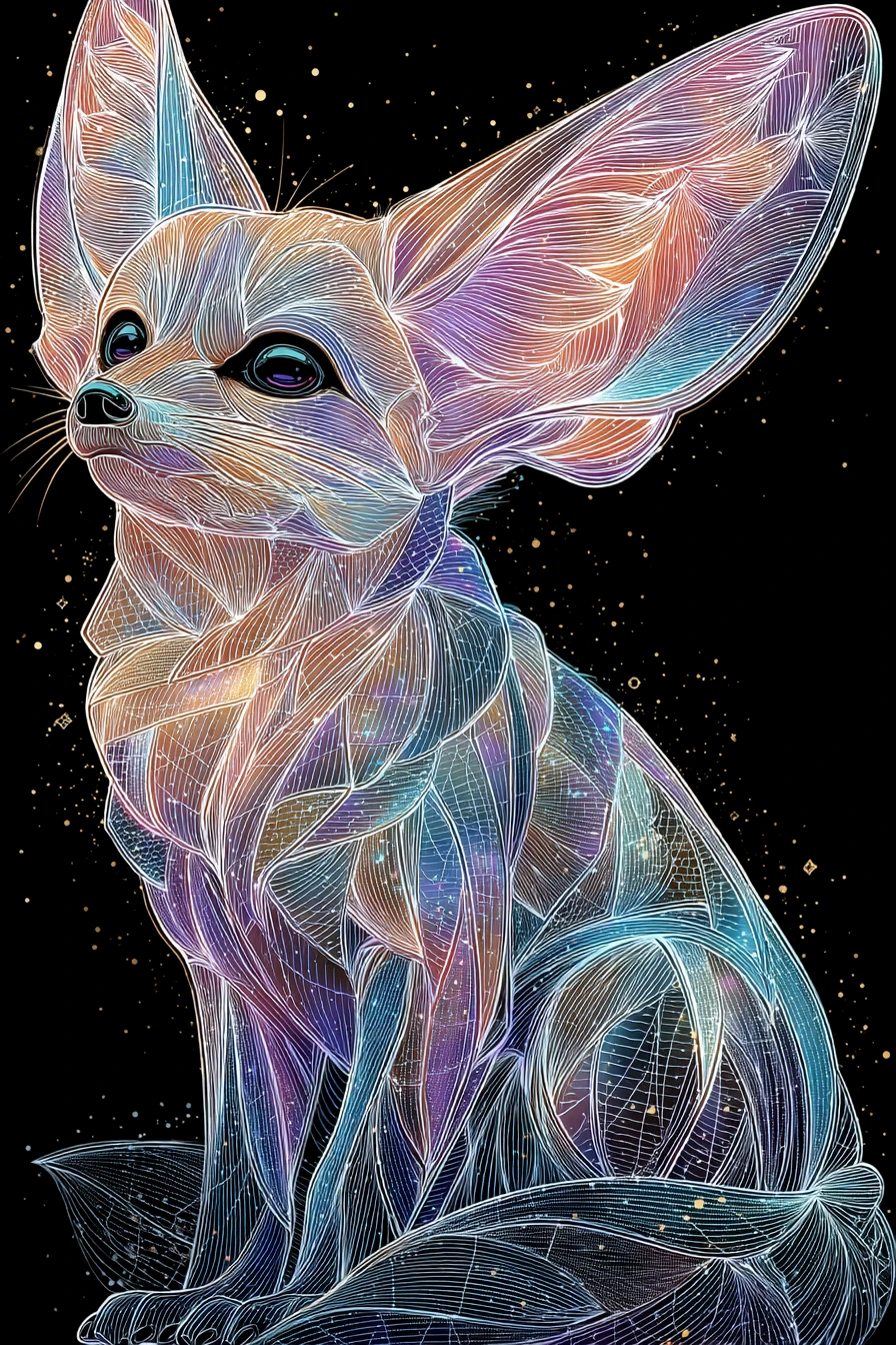 Fennec néon de profil en line art arc-en-ciel lumineux