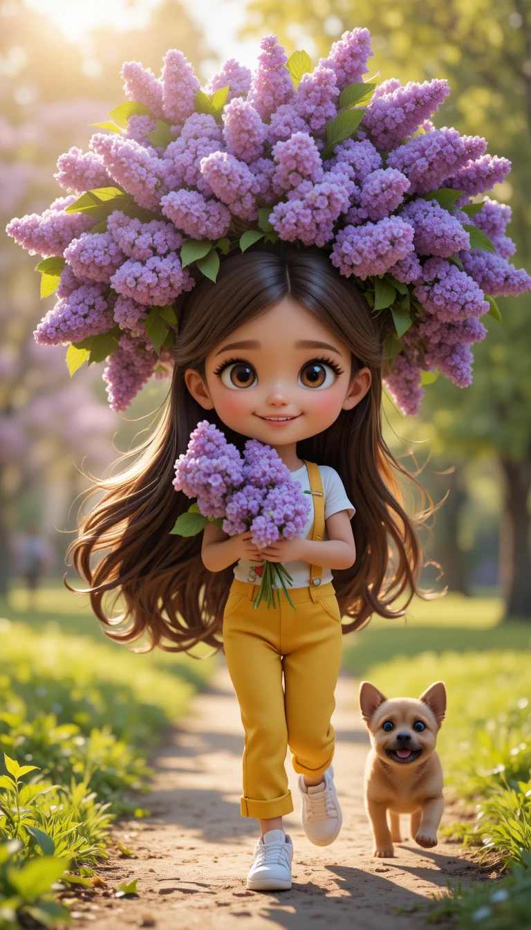 Petite fille avec couronne de lilas marchant dans un parc au printemps