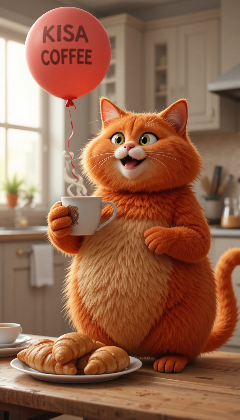 Gato vermelho gordo 3D alegre com café na cozinha