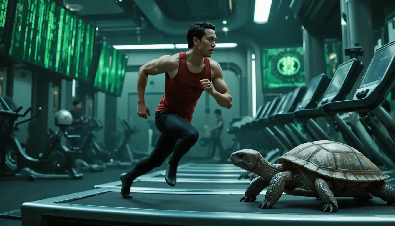Neo corriendo en una cinta de correr futurista en un gimnasio verde distópico