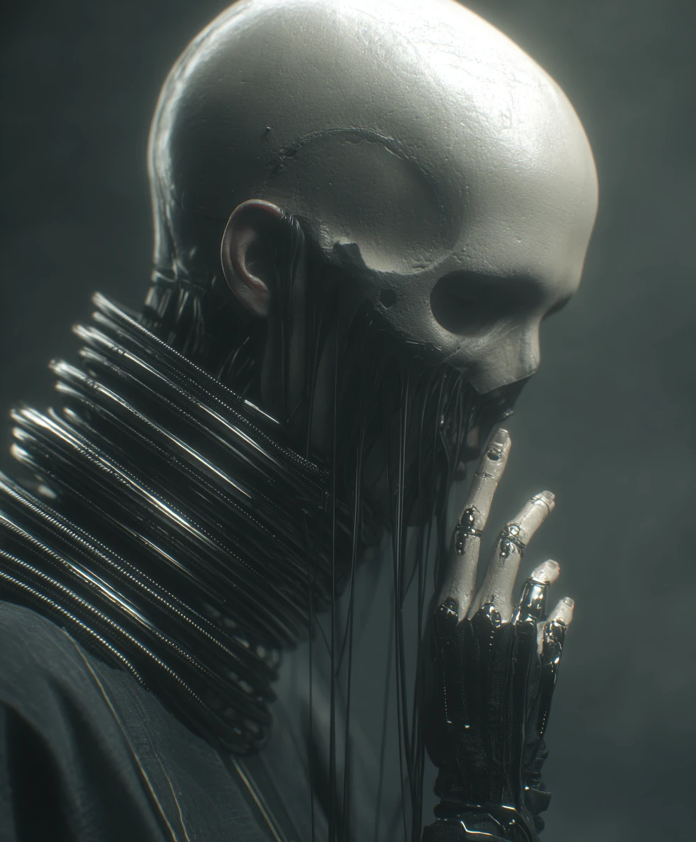 Mujer biomecánica surrealista con rostro esquelético y mano alzada