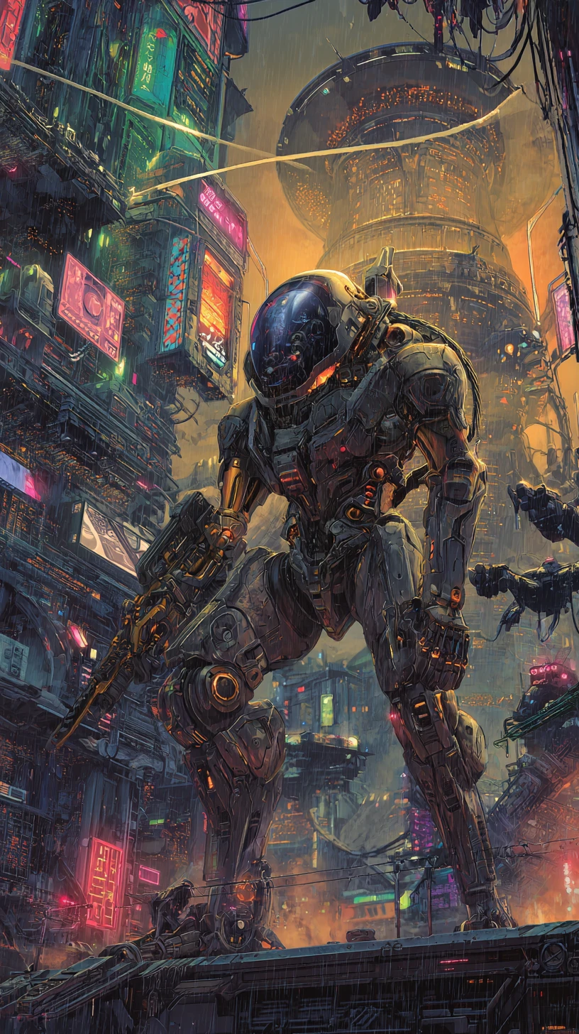 Mecha cinematográfico e piloto enfrentando um colossal monstro cósmico