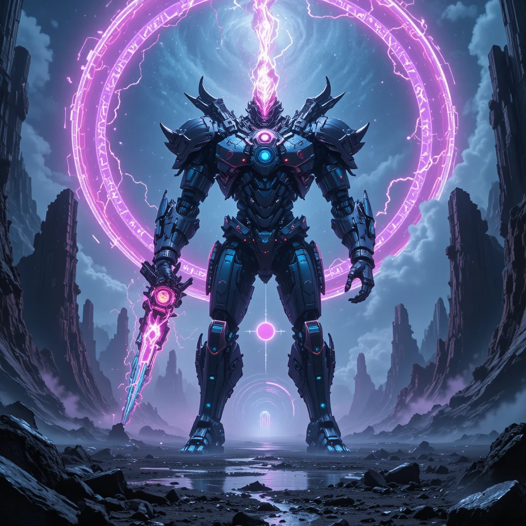 Uralter biomechanischer Mech-Gott in einer fremden Kristalllandschaft