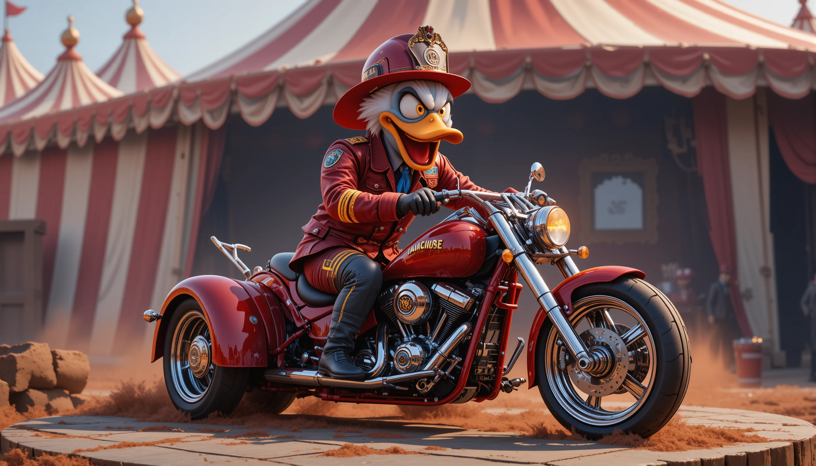 Wütende 3D-Cartoon-Ente mit Gewehr neben Zirkus-Trike