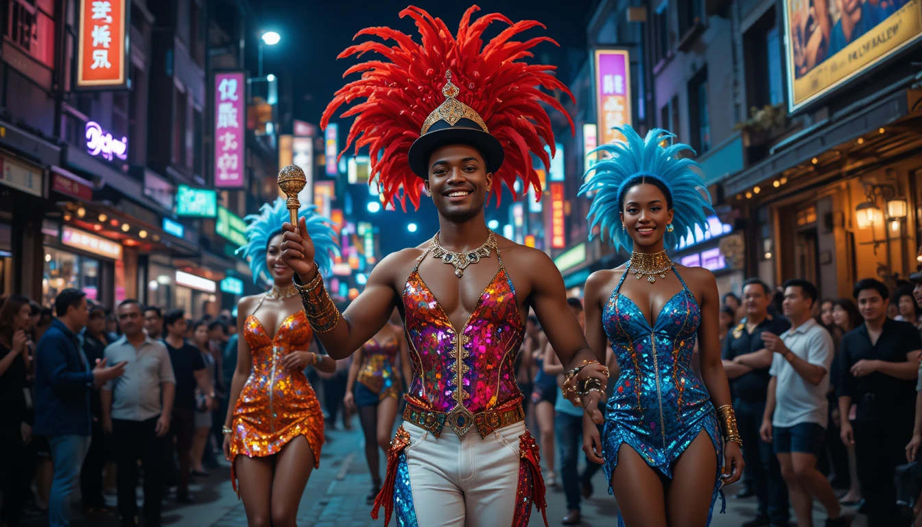 Joyful carnival performers in sequined costumes at night
