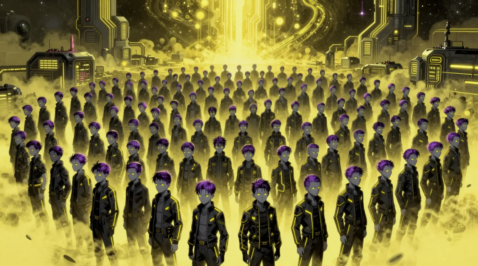 Endless teenage boys in a neon sci fi cosmic park