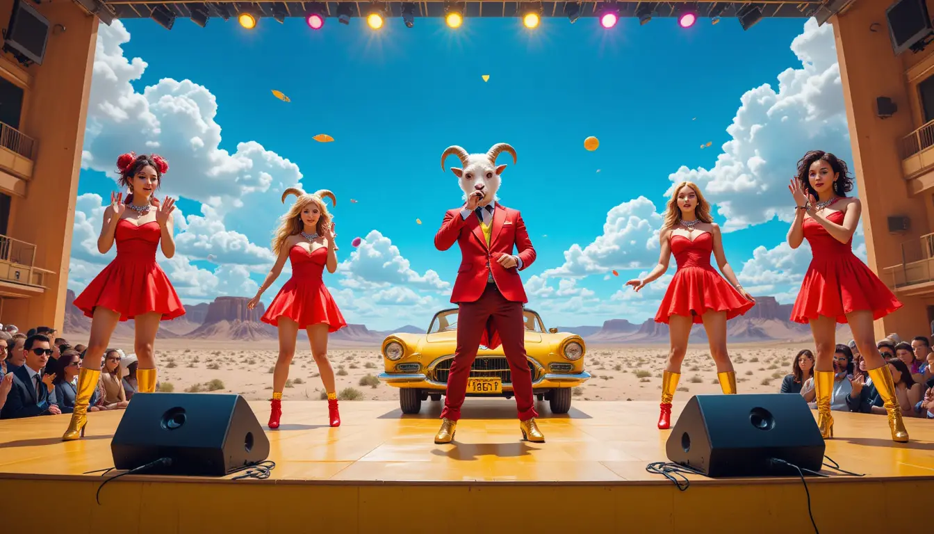 Colorful stage performance in a sunny desert landscape