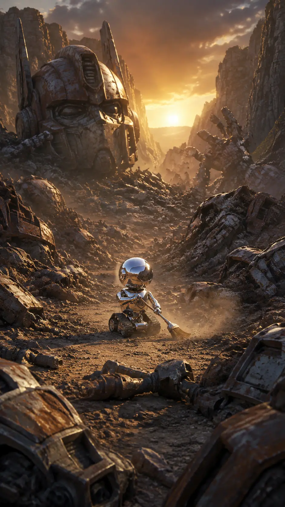 Winziger Chrom-Roboter fegt über ein weites zerstörtes Schlachtfeld