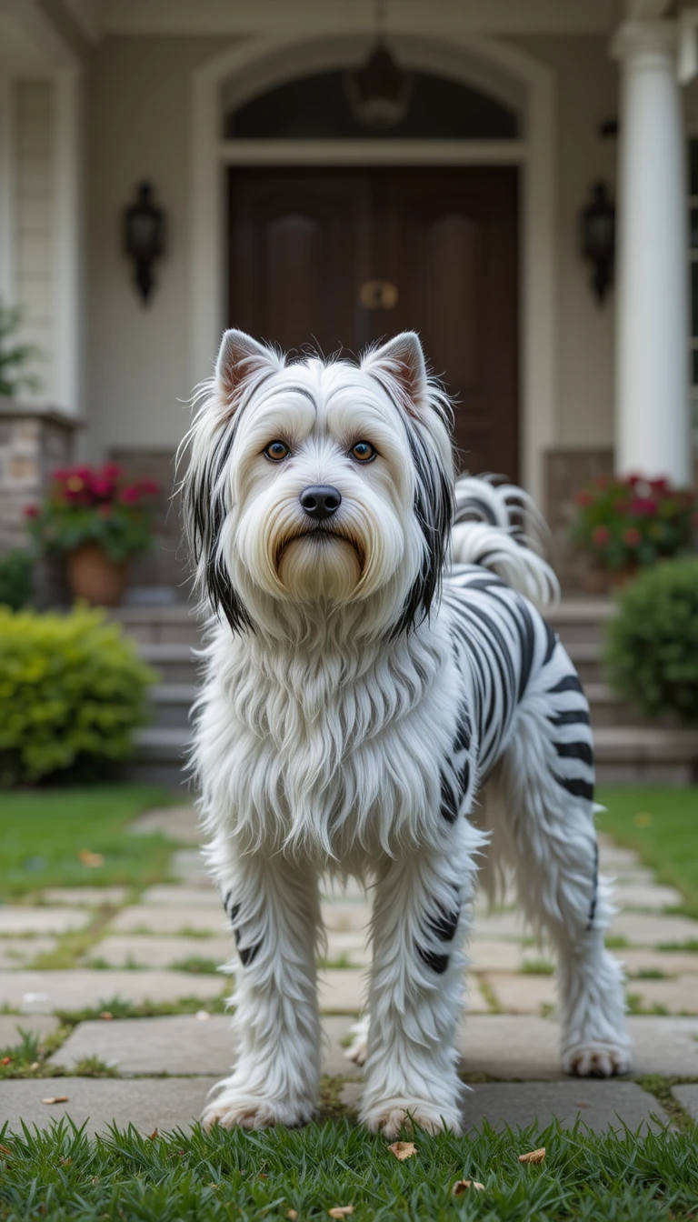Cão maltês de pelos longos com listras de zebra ao lado da casa