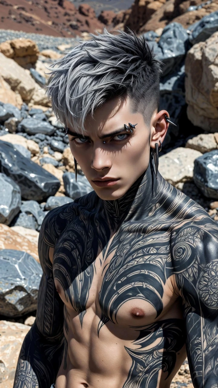 Homem musculoso tatuado em paisagem rochosa encarando à frente