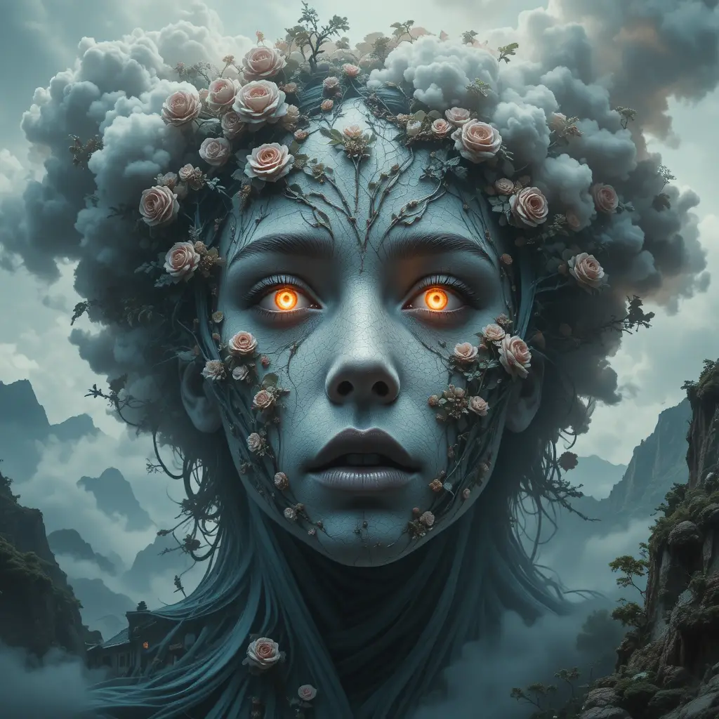 Surreales lebendiges Porträt von Gesichtern, verwoben zu einer weiten Welt