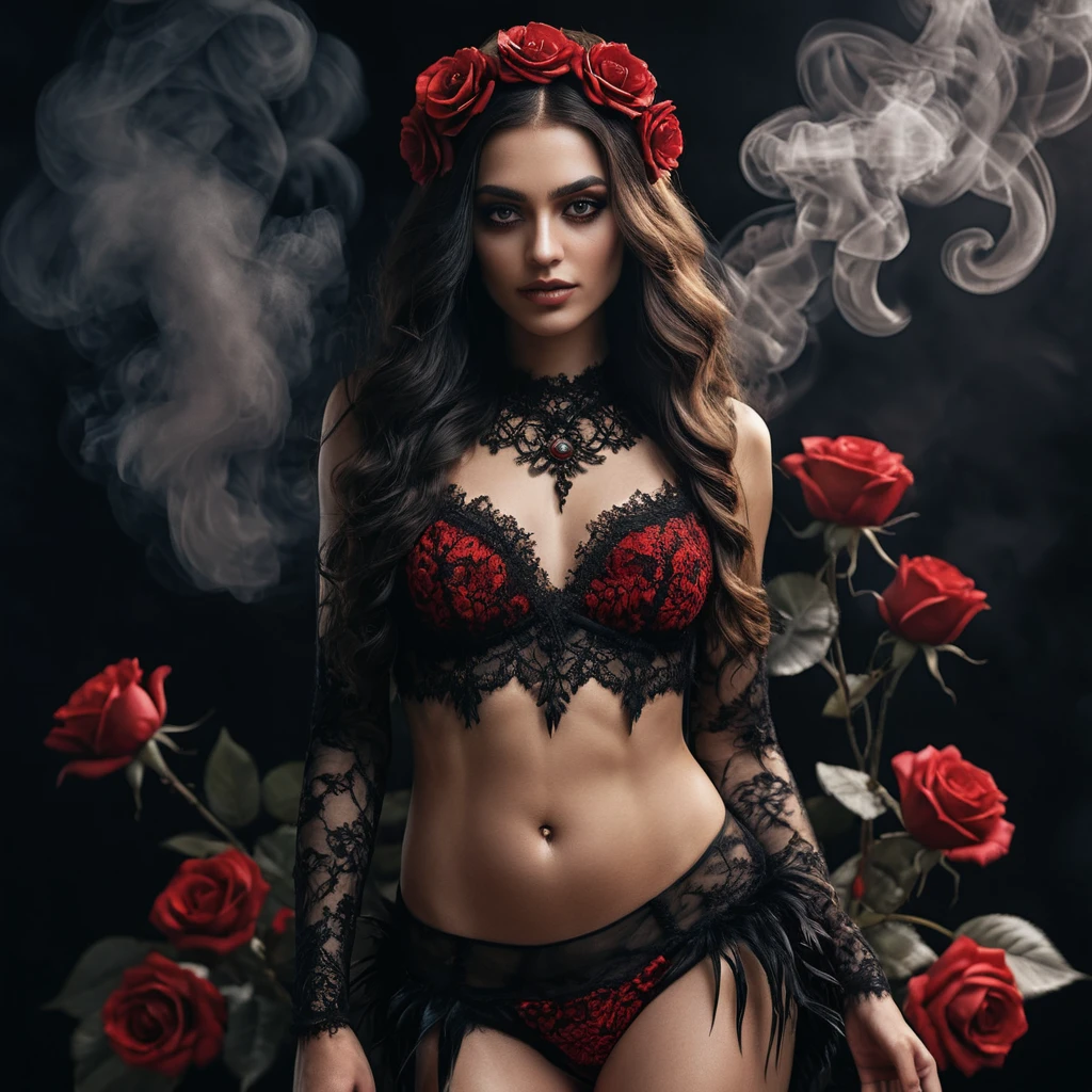Femme confiante en dentelle gothique avec ventre athlétique apparent