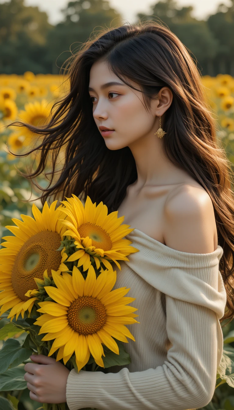 Ragazza di profilo che tiene girasoli all’ora d’oro
