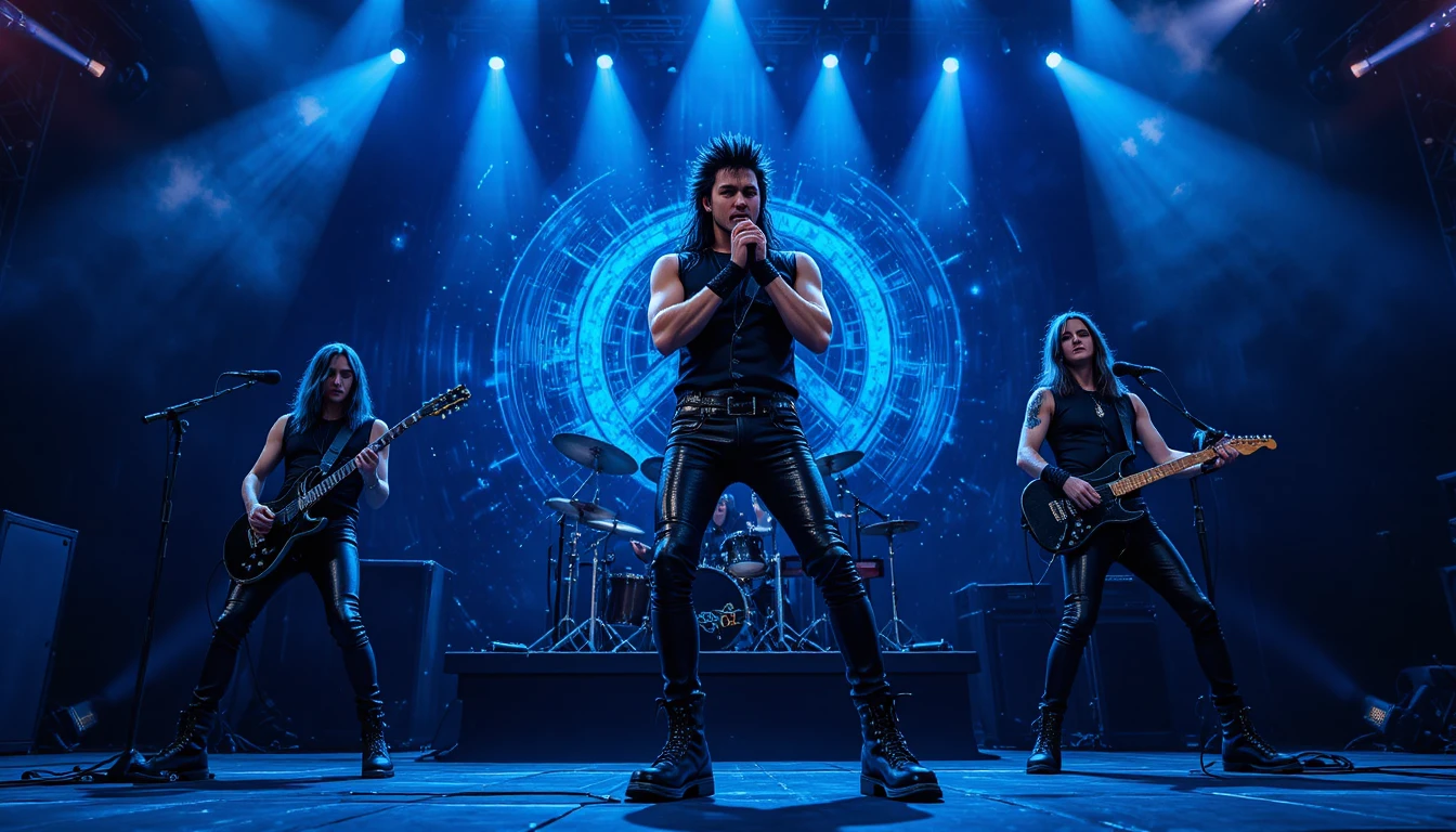 Cantante rock che guida una band su un palco cosmico blu