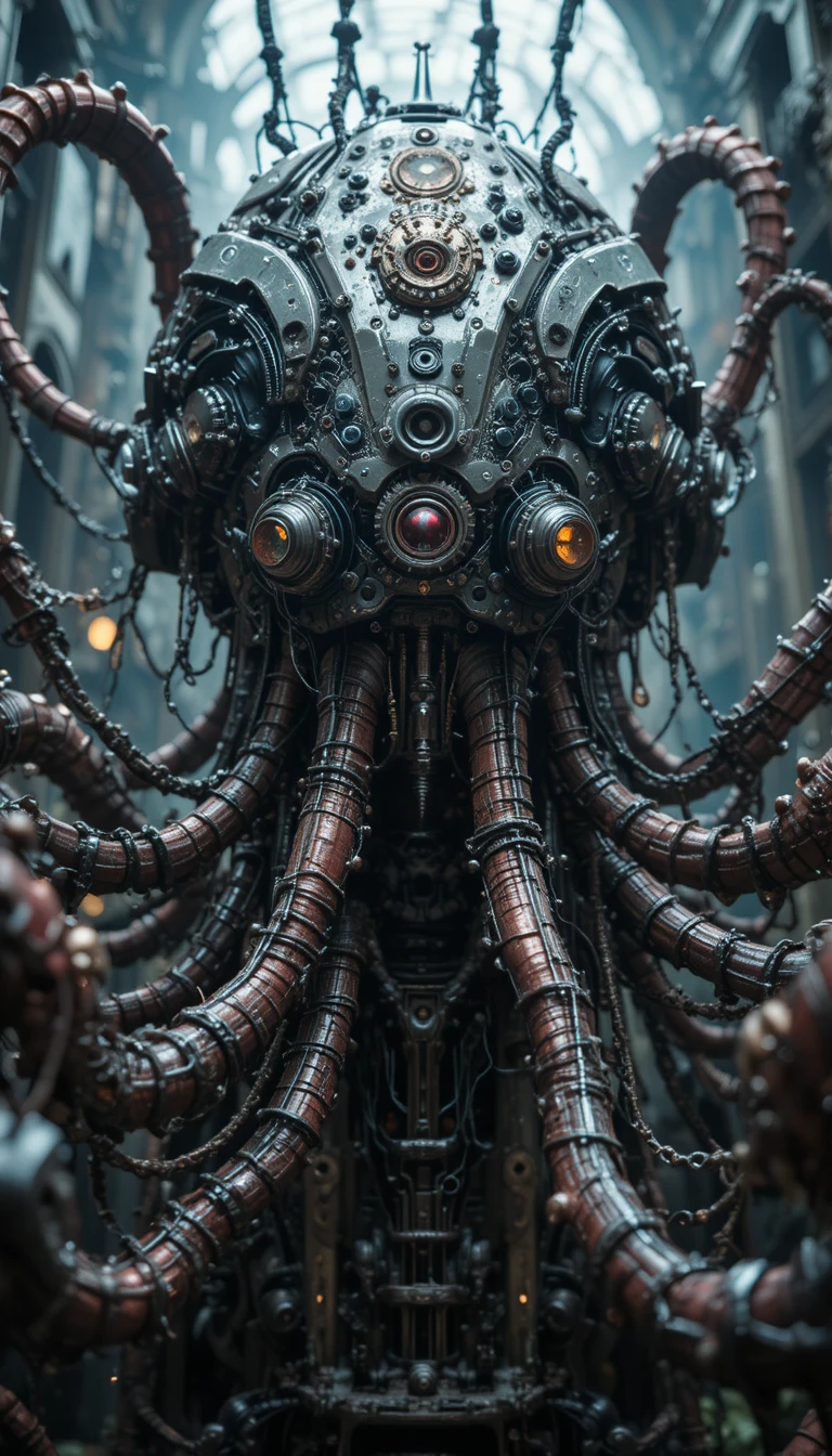 Mecha gótico mecânico entrelaçado com tentáculos biomecânicos