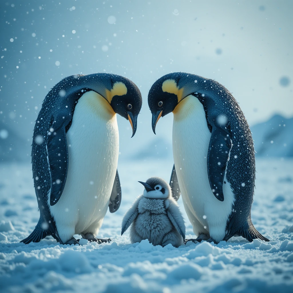 Genitori di pinguino imperatore che proteggono il loro pulcino in una bufera di neve