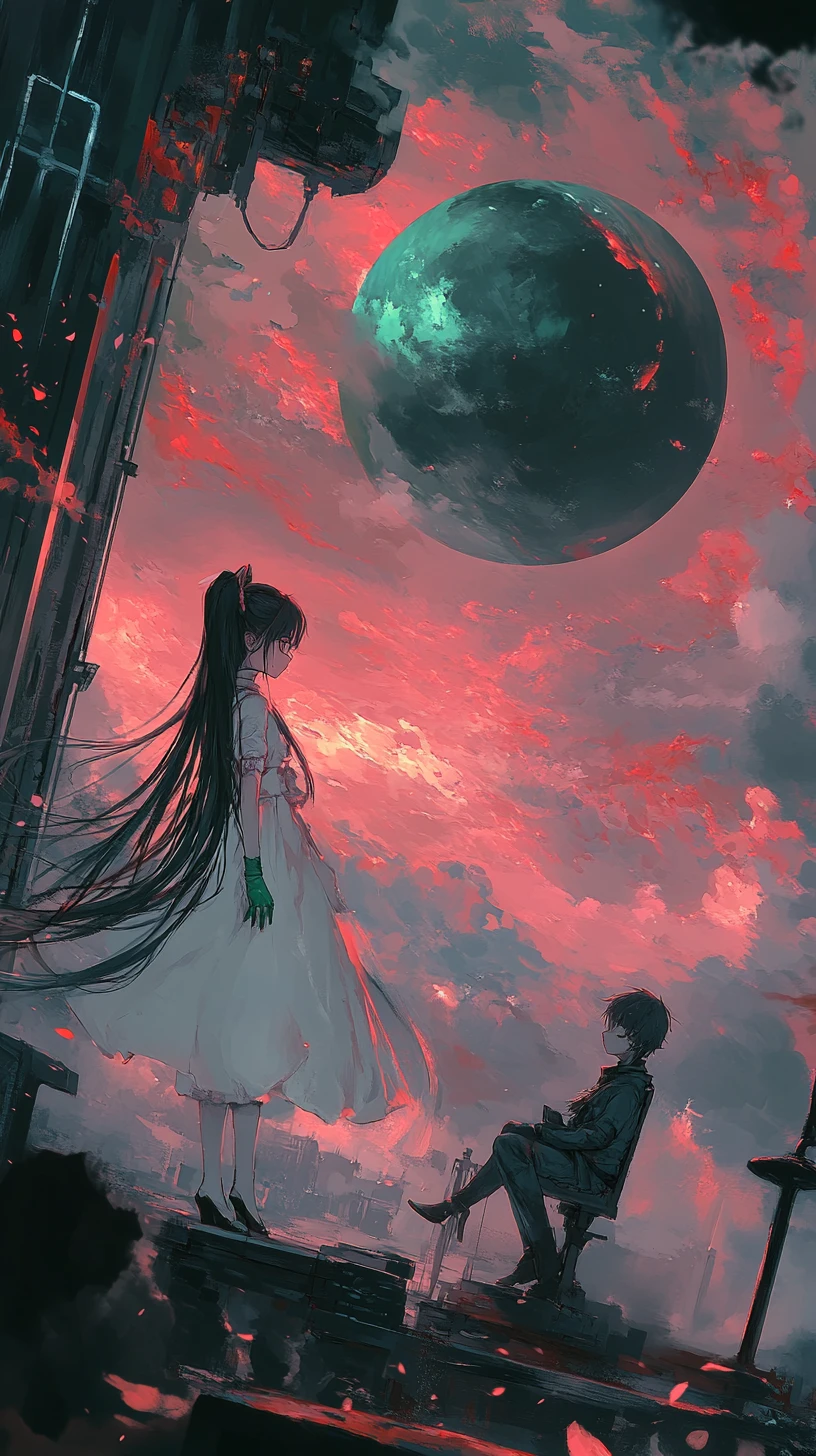 Garota de anime no muro do castelo ao pôr do sol em pintura a óleo