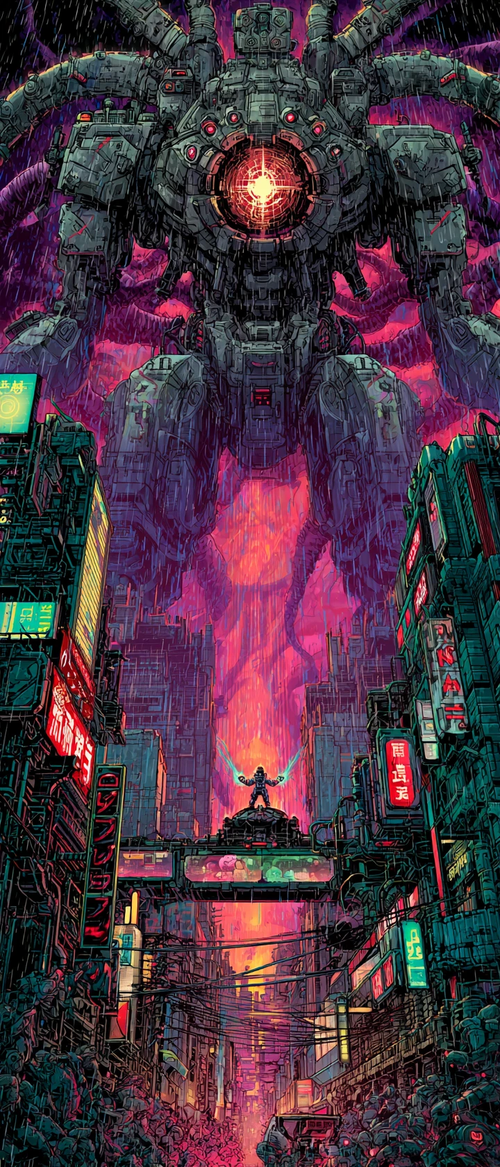 Mecha cibernético e piloto vitoriosos em batalha na cidade neon