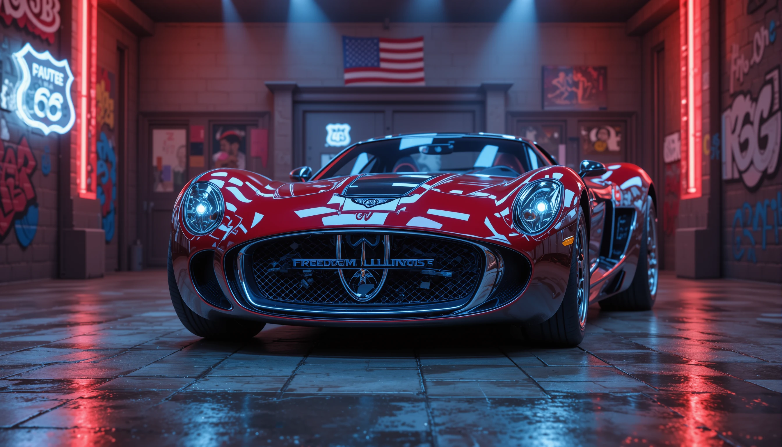 Supercar 3D patriottica in un garage sulla Route 66 illuminato al neon