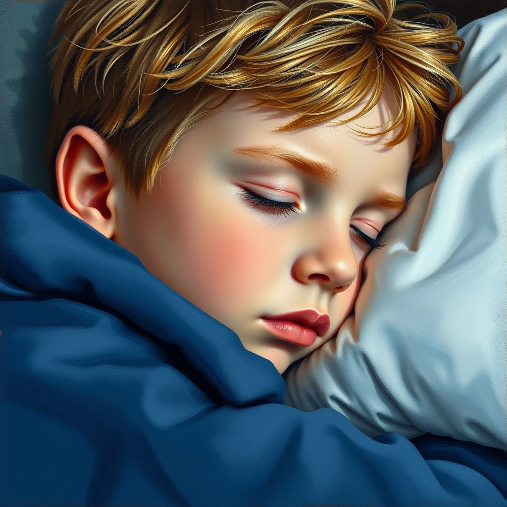ネイビーブランケットにくるまれて穏やかに眠る少年
