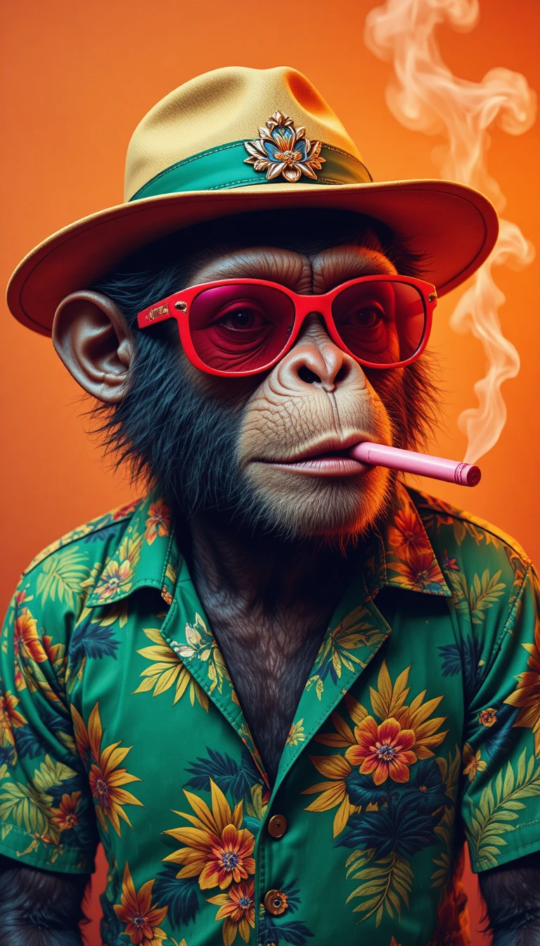 Macaco colorido em roupa tropical com fundo laranja esfumaçado