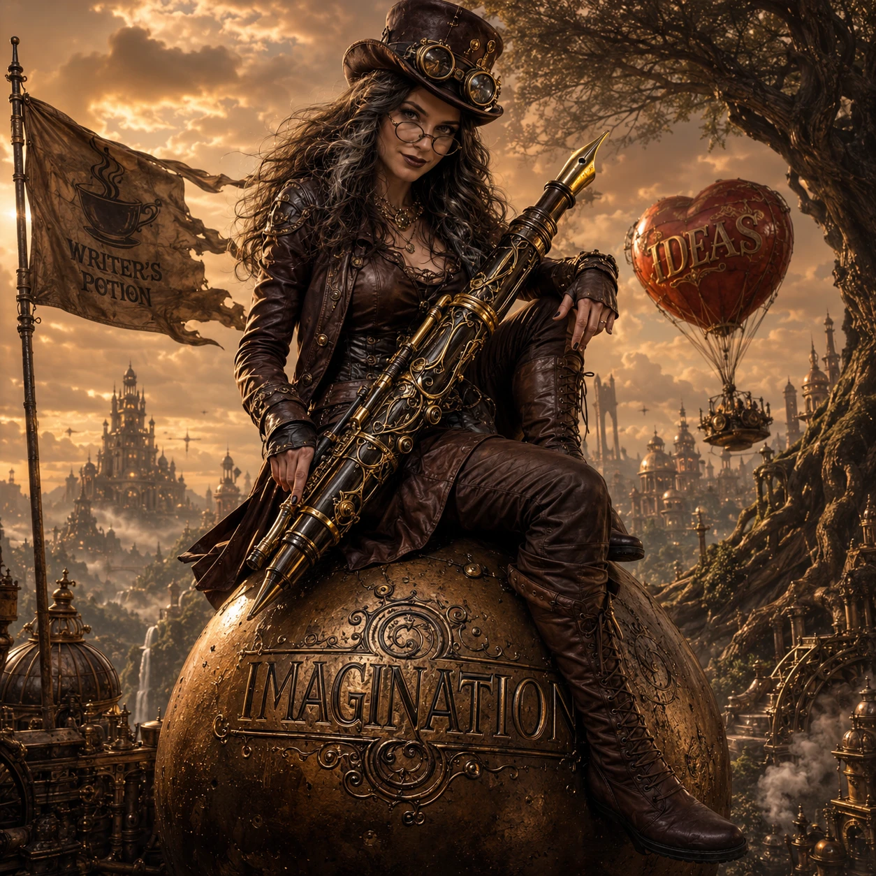 Mujer steampunk sobre una gigantesca bala de cañón en un paisaje urbano surrealista