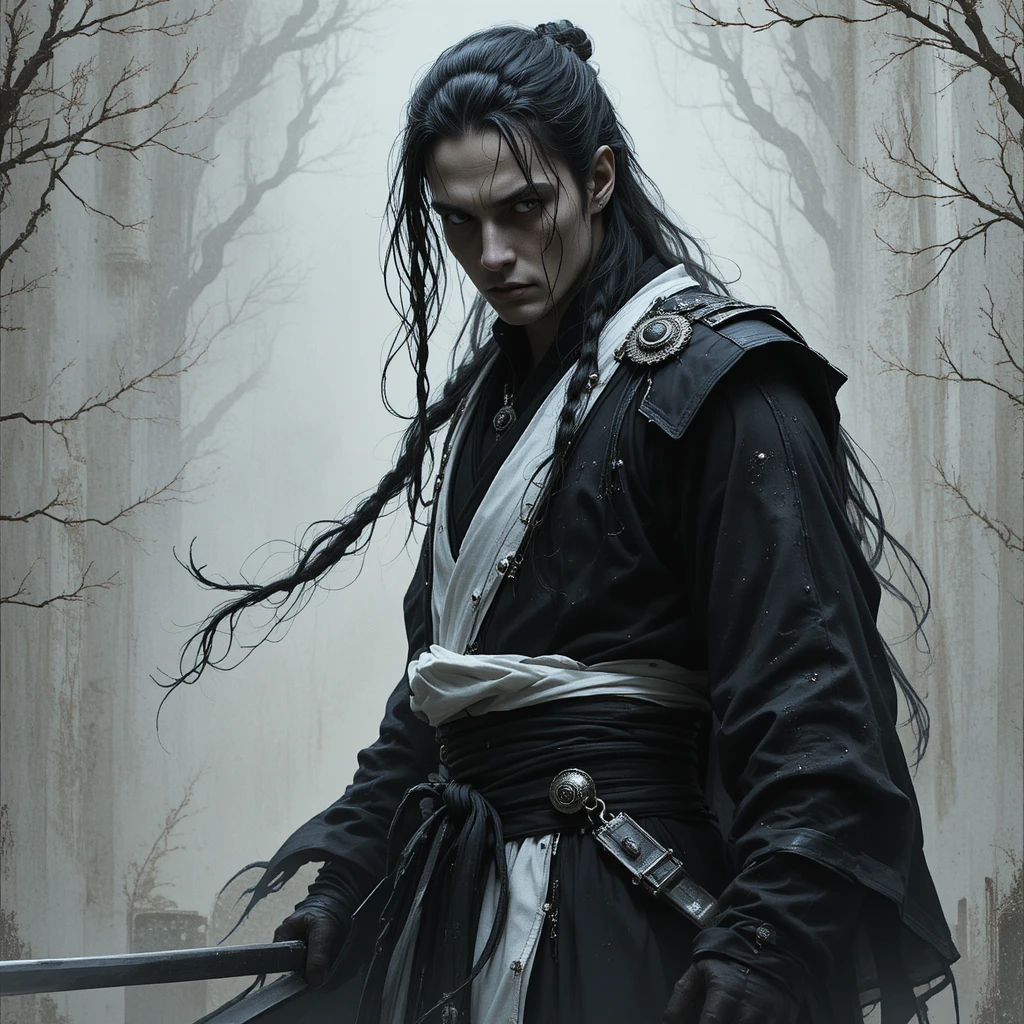 Moine artiste martial dark fantasy aux cheveux tressés