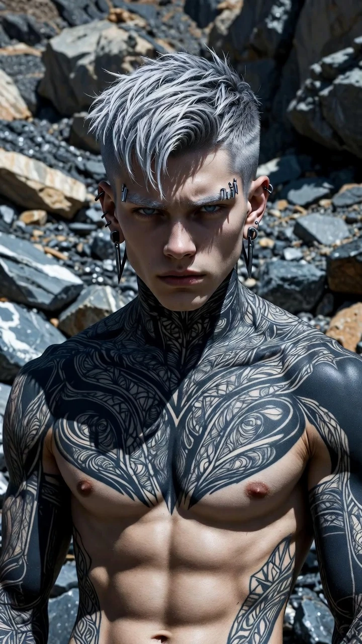 Homem musculoso tatuado em paisagem rochosa sob luz intensa