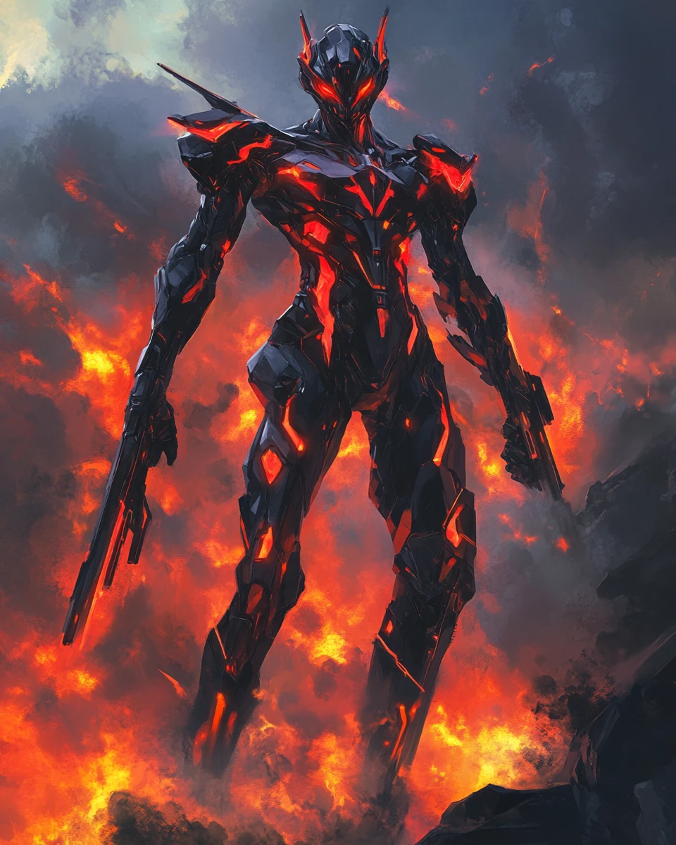 Mecha nero in stile anime coperto da fiamme rosse e armi