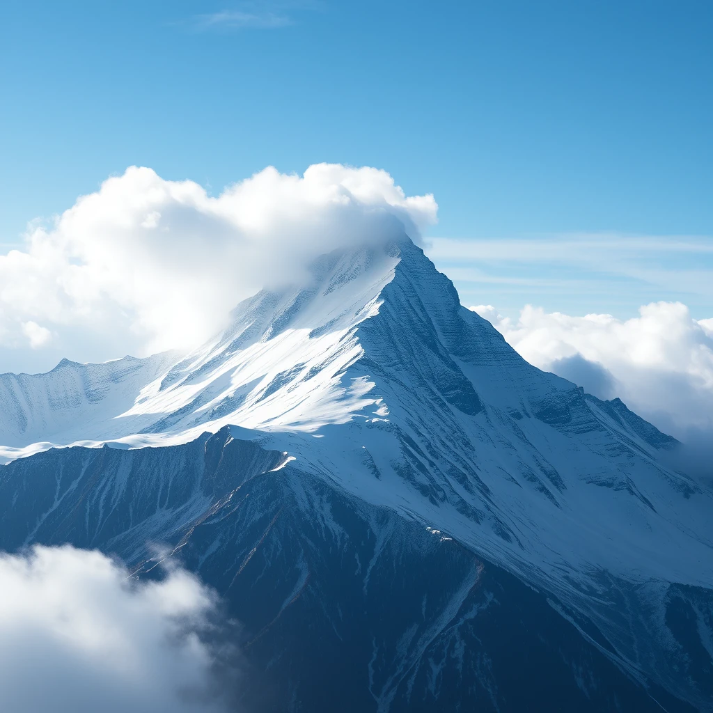 Pico de montanha coberto de neve surgindo entre nuvens e neblina