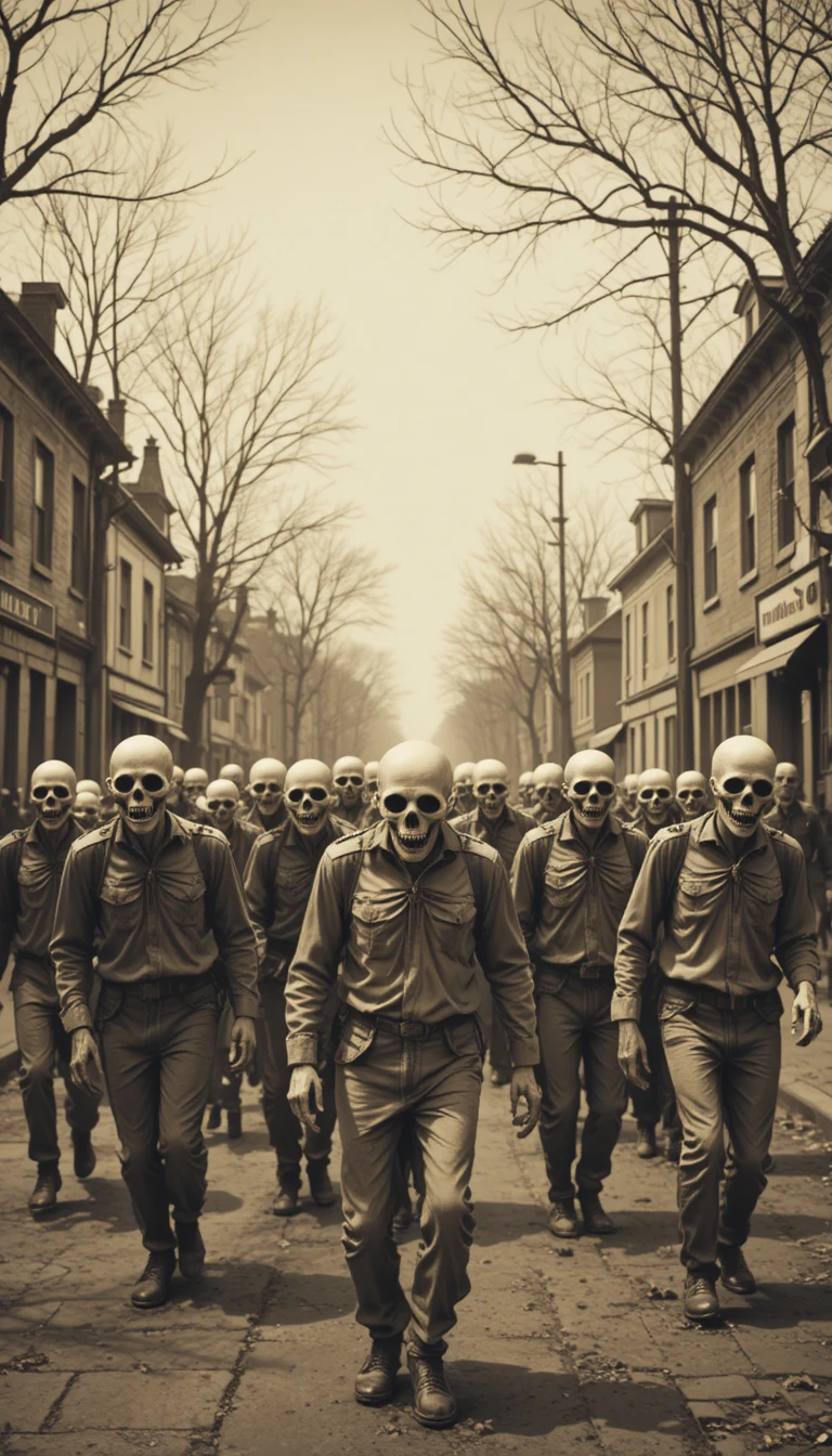 Horde sépia de zombies errant dans une rue de ville déserte