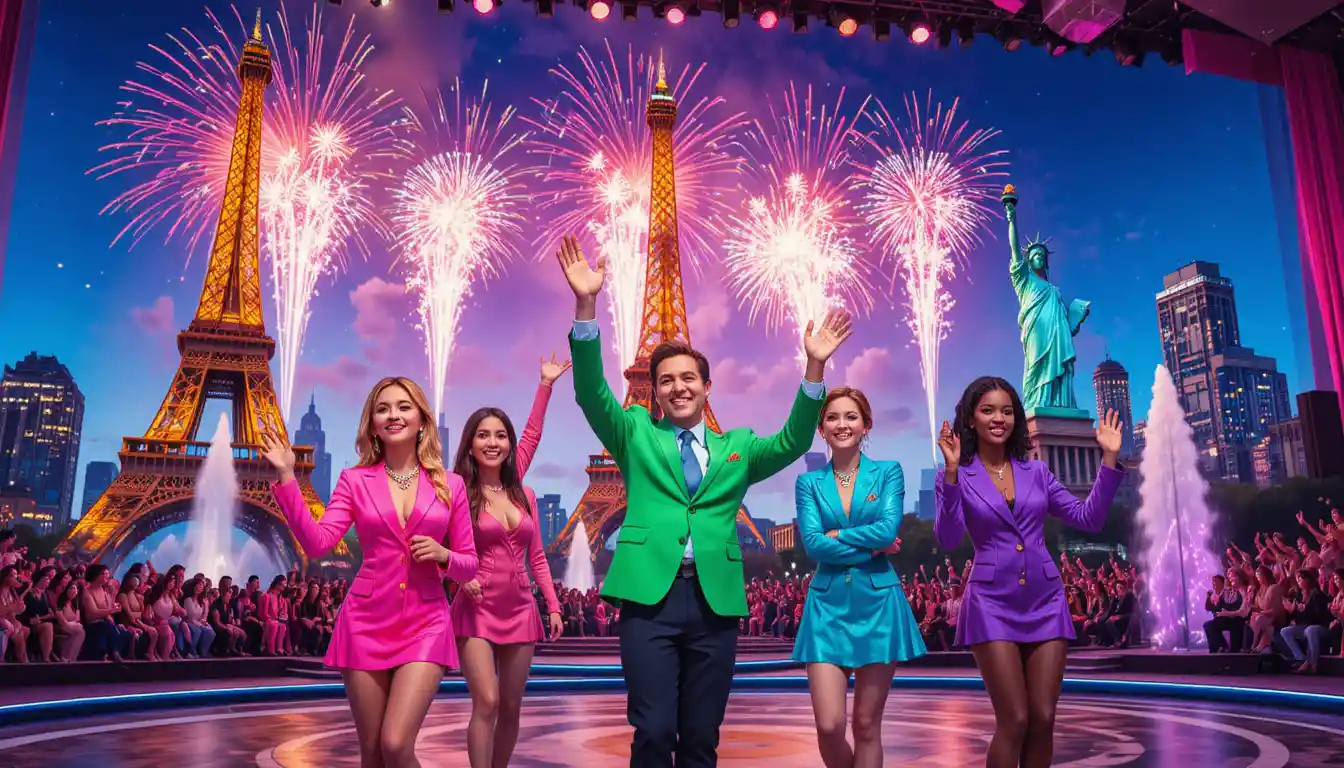 TV-Show-Moderator auf Open-Air-Bühne mit jubelndem Publikum