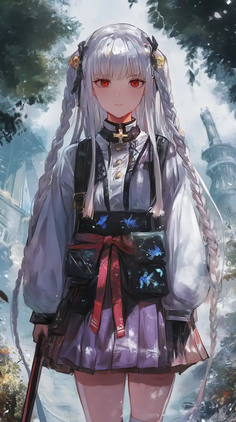 Garota de anime de cabelos brancos em uma trilha de floresta enevoada
