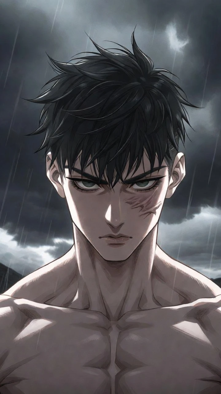 Homme musclé debout sous un ciel sombre et orageux