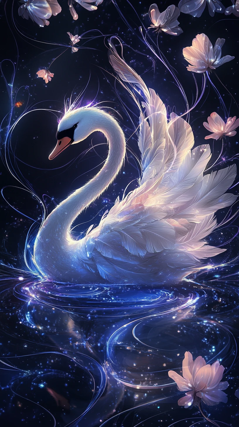 Cygne néon gracieux se transformant en pétales floraux lumineux