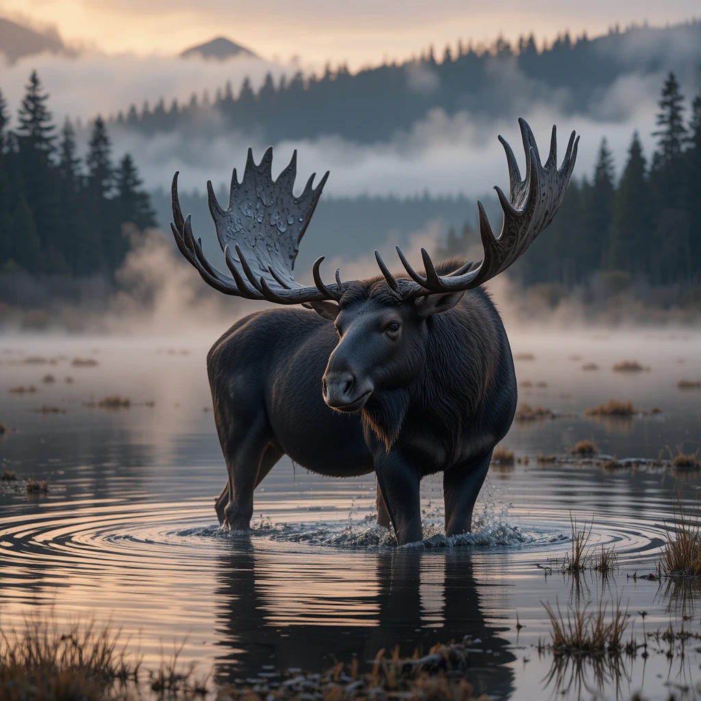 Alce gigantesco em um pântano canadense enevoado ao nascer do sol