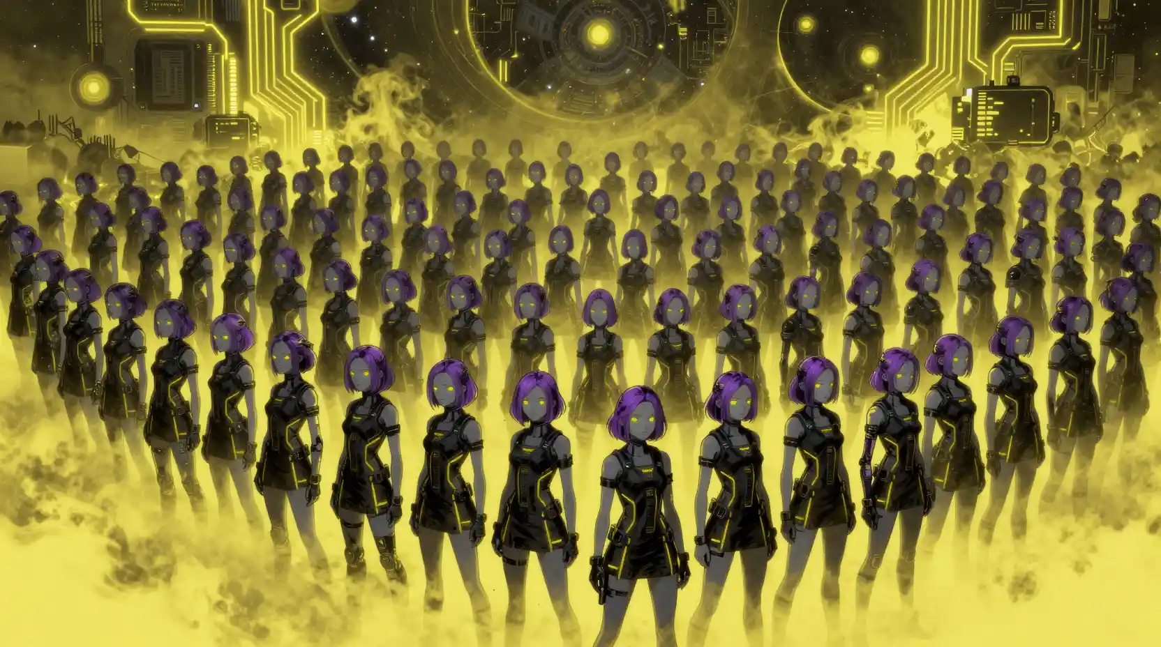 Futuristic teenage girls gathered in a neon cosmic park