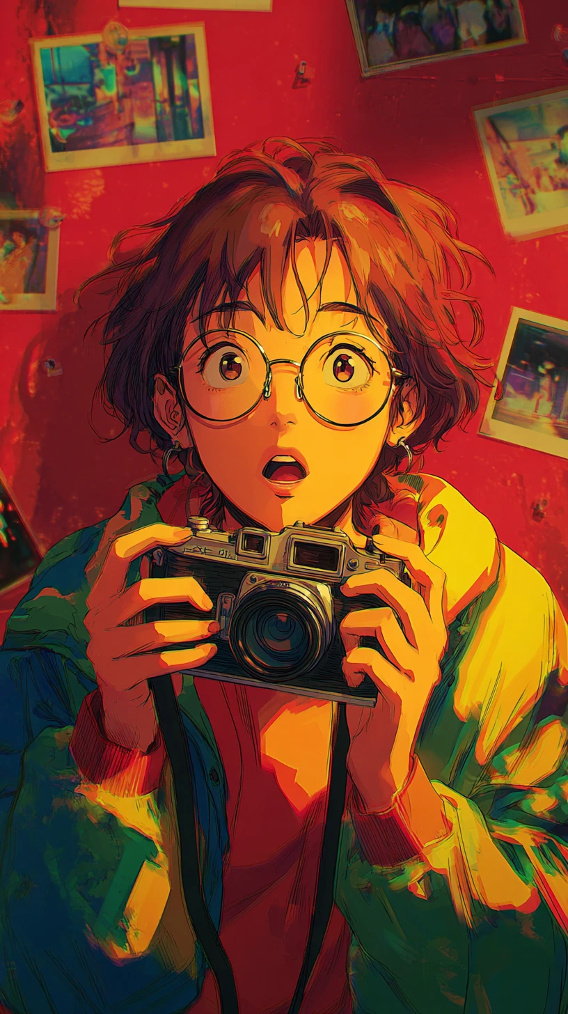 Chico de anime curioso inspeccionando de cerca una cámara vintage