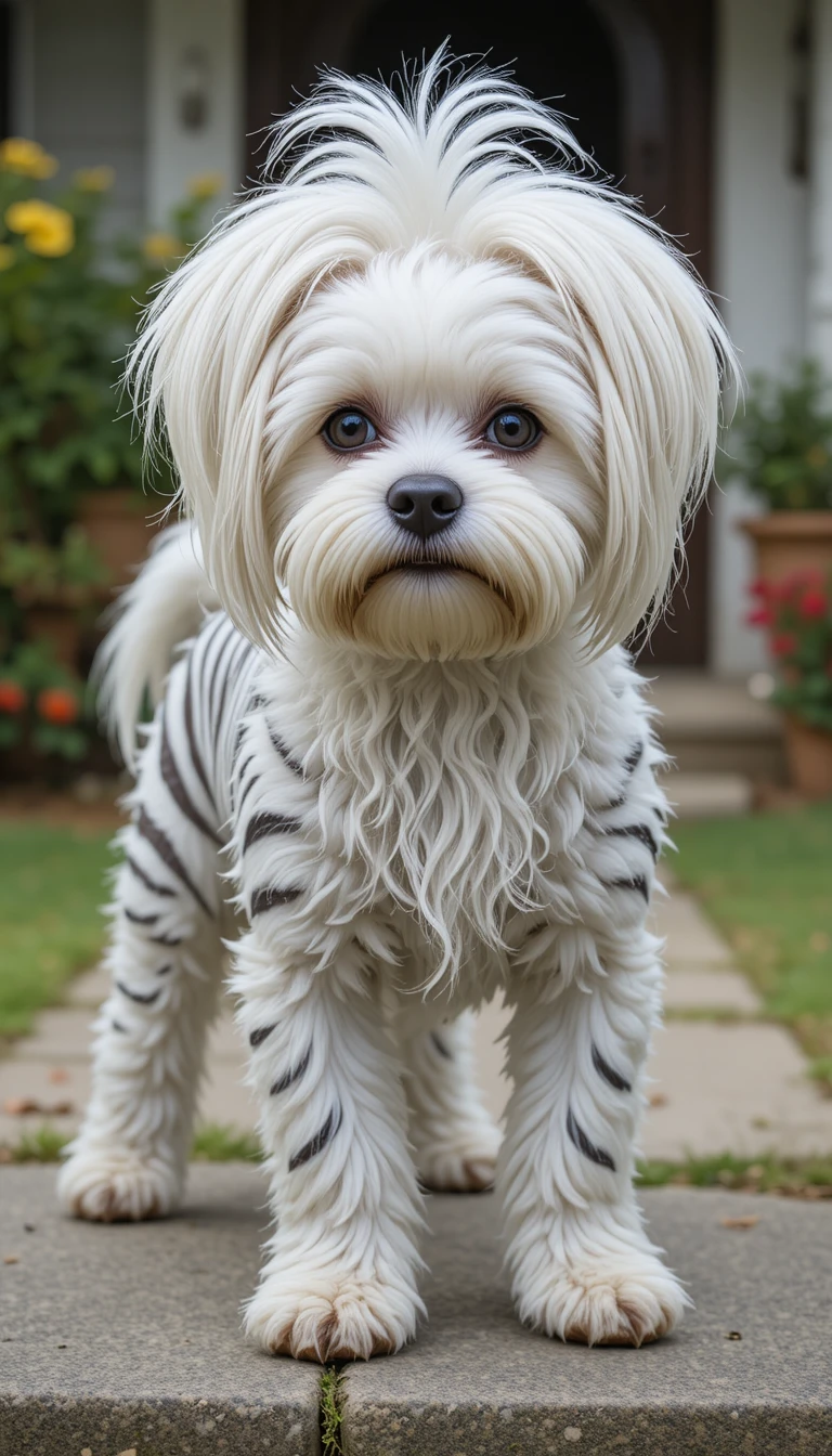 Cão maltês de pelo longo com listras de zebra ao lado de uma casa