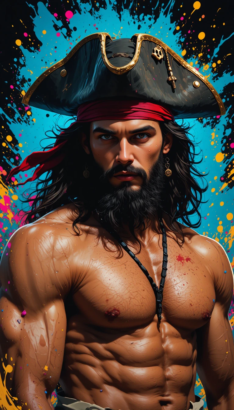 Retrato de pirata musculoso com respingos de cores vibrantes