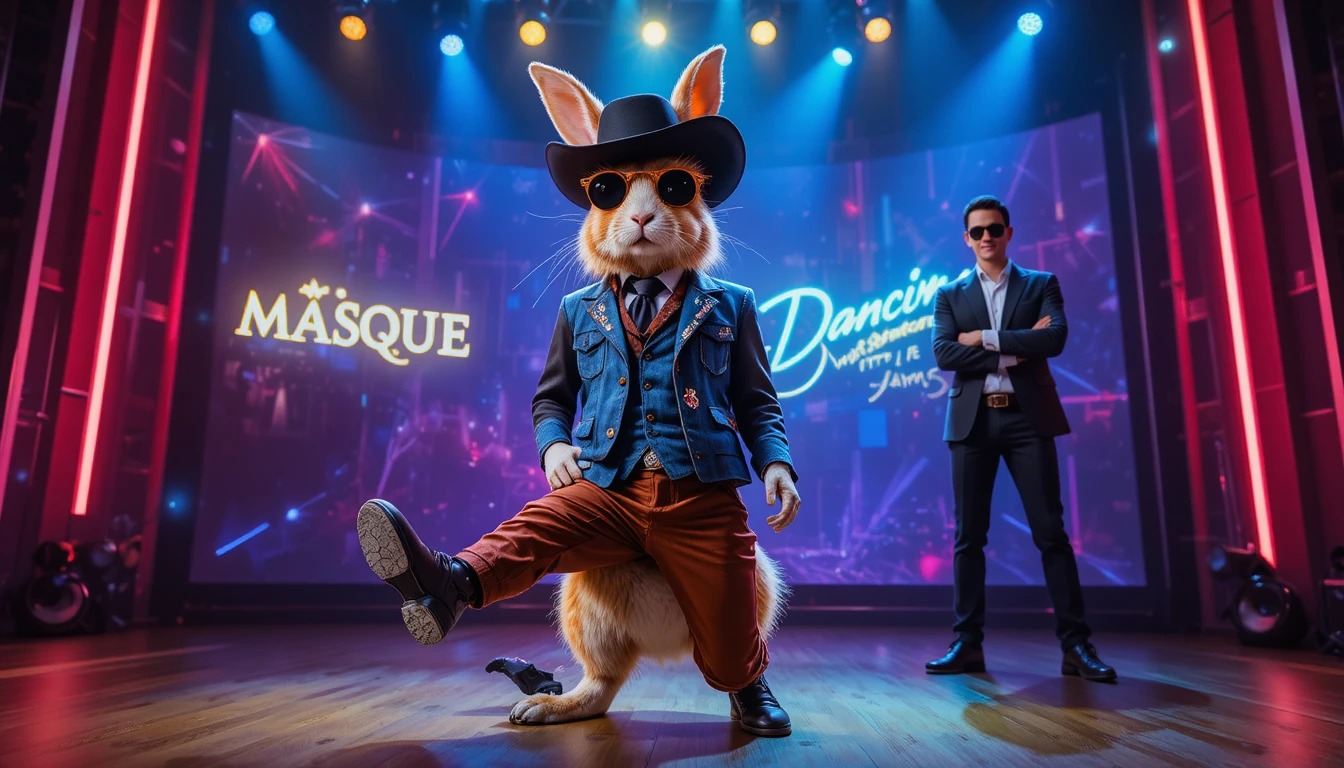 Anthropomorpher Cowboy-Hase posiert auf neonbeleuchteter Bühne