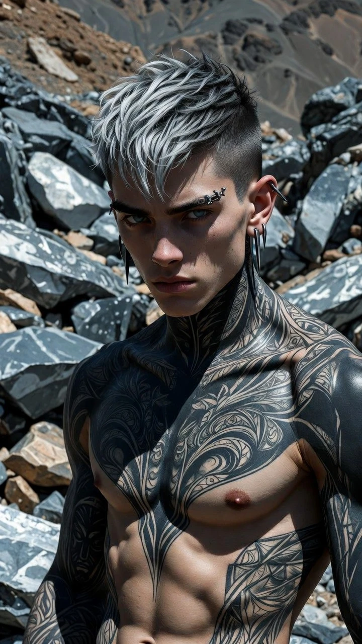 Homem musculoso tatuado em paisagem rochosa sob luz intensa